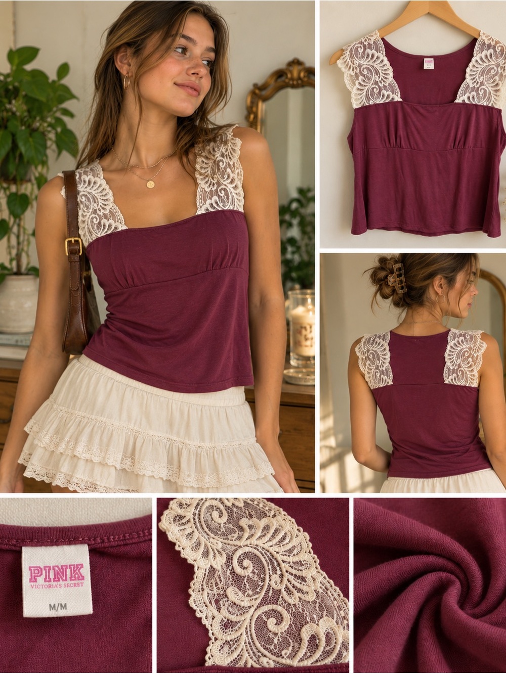 PINK Burgundy y2k Lace Shoulder Tank Top Size Medium